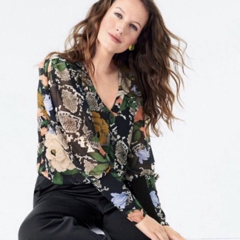 CAbi Snake Charmer Black Floral Sheer Long Sleeve V-Neck Blouse Size Medium
